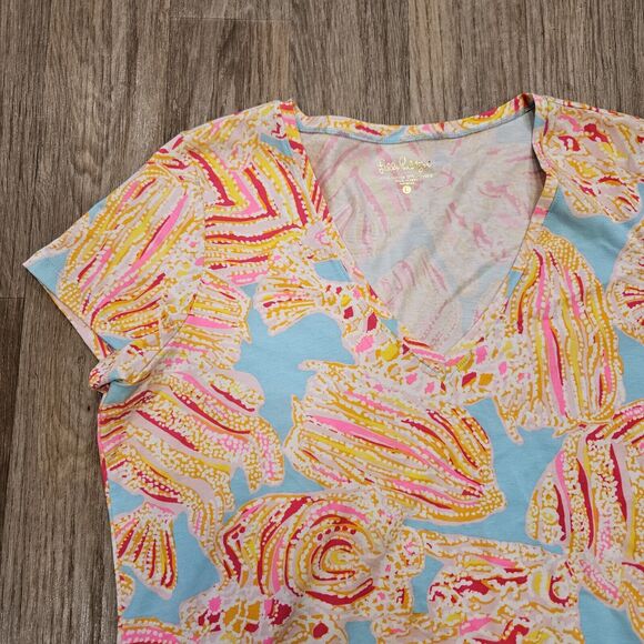 Lilly Pulitzer Etta Vneck Top Womens L Pink Blue Shells Tshirt Preppy Tropical - Picture 4 of 8